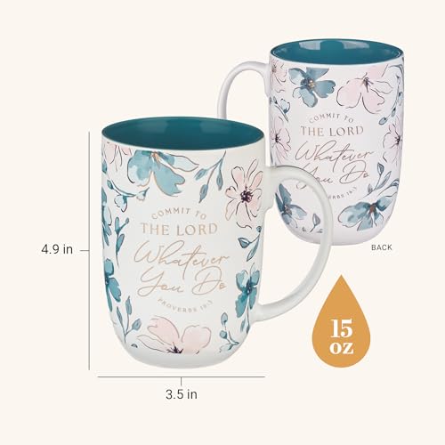 Christian Art Gifts Large Ceramic Coffee & Tea Scripture Mug for Women - color: Teal & Pink Floral/Commit to the Lord
