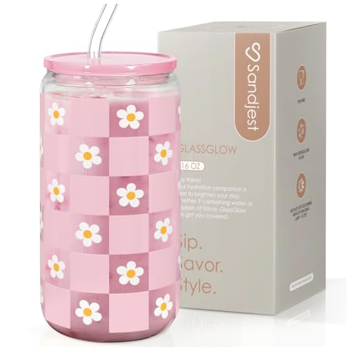SANDJEST Checkerboard Daisies Glass Can, Floral Checker Cup with Lid & Straw, Iced Coffee Aesthetic Cups, Gift for Christmas Birthday Mother Day, Gifts for Women, 16oz - color: Checker Daisy