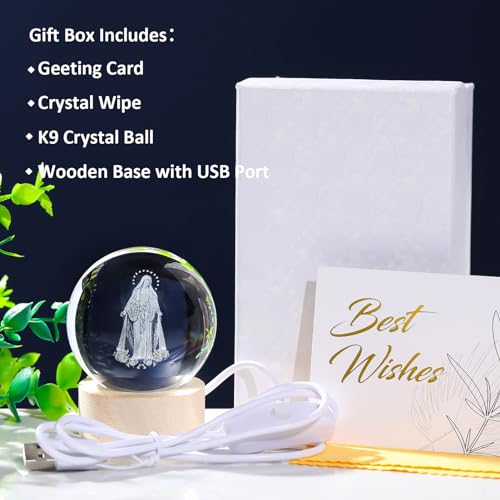Arikyrist 3D Crystal Virgin Mary Statue Figurine with Wooden Base, Laser Etched Crystal Our Lady of Guadalupe Glass Sphere Statue, 3D Crystal Ball Mother Mary Christian Catholic Religious Easter Gifts - color: 3d Mary#1