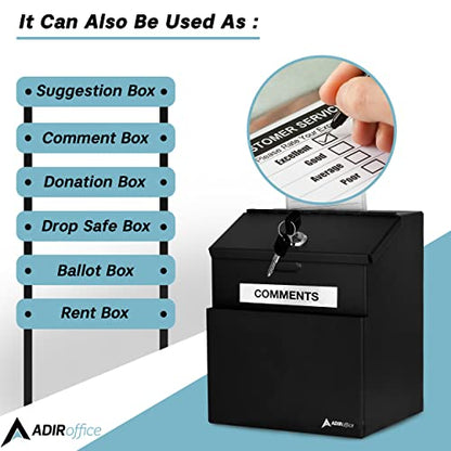 Adir Suggestion Box with Lock - Metal Donation Fundraising Ballot Prayer Box with 55 Free Suggestion Forms Cards & 2 Keys (Wall Mounted - Black) - color: C Black, size: Pack of 1