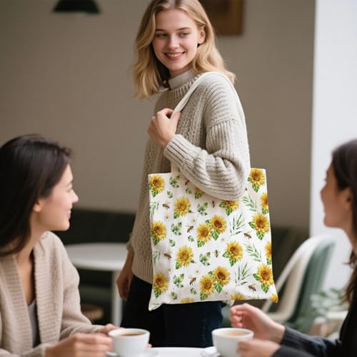 2 Pack Canvas Tote Bag with Makeup Zipper Pouch Colorful Polyester Printed Reusable Shopping Bags for Women - style: Sunflower