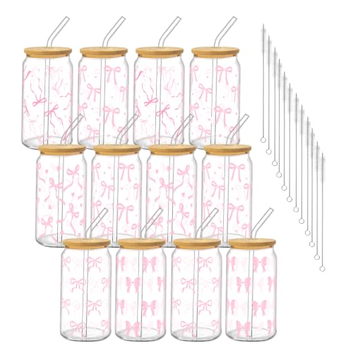 Drinking Cups with Lids, 12Pack, Glass, 16oz, Iced Coffee Coquette - style: 12Pcs Pink Bow