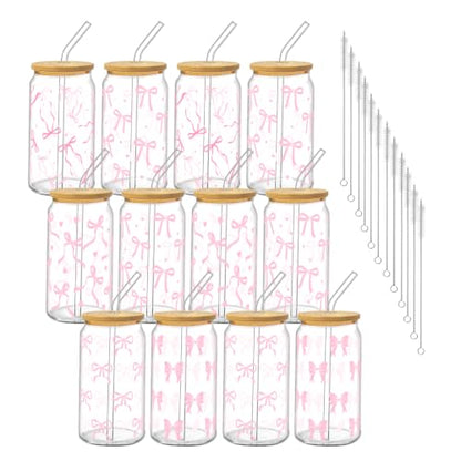 Drinking Cups with Lids, 12Pack, Glass, 16oz, Iced Coffee Coquette - style: 12Pcs Pink Bow
