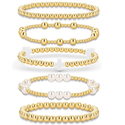 Gold Beaded Pearl Cross Bracelets Stackable Christian Stretch Jewelry Set - color: White