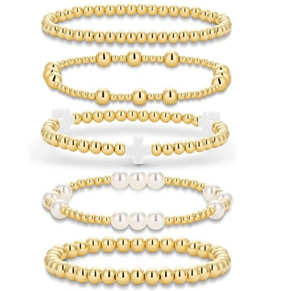Gold Beaded Pearl Cross Bracelets Stackable Christian Stretch Jewelry Set - color: White