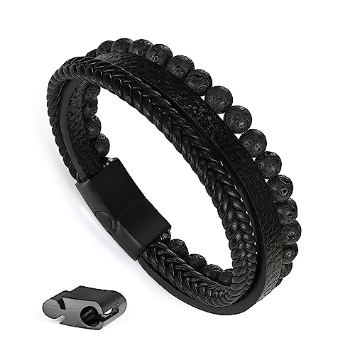 Beaded Leather Bracelets - Gifts for Men, 6mm Tiger Eye Lava Rock Stone Beads Braided Leather Bracelet Handmade Mens Bracelet With Adjustable Magnetic Clasp - color: Black-1