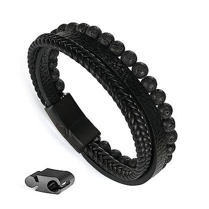 Beaded Leather Bracelets - Gifts for Men, 6mm Tiger Eye Lava Rock Stone Beads Braided Leather Bracelet Handmade Mens Bracelet With Adjustable Magnetic Clasp - color: Black-1