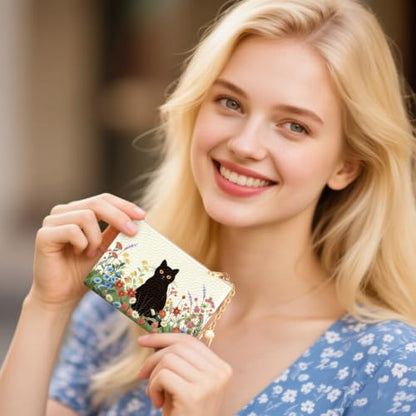 Black Cat Floral Keychain Coin Purse for Women Small Change Pouch - color: Black Cat and Flower