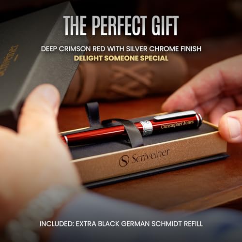 Scriveiner Personalized Deep Crimson Red Rollerball Pen - Stunning Red Lacquer Luxury Pen with Chrome Finish, Schmidt Ink Refill, Engraved Roller Ball Gift Set for Men & Women, Custom Name Engraving - color: Crimson Red with Chrome (Personalized)