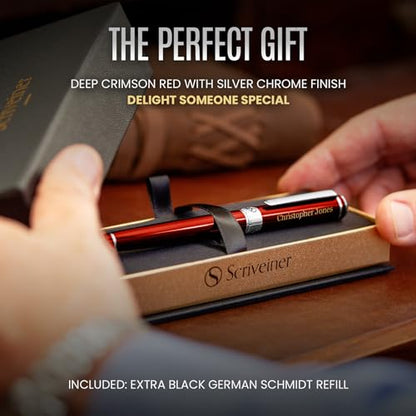 Scriveiner Personalized Deep Crimson Red Rollerball Pen - Stunning Red Lacquer Luxury Pen with Chrome Finish, Schmidt Ink Refill, Engraved Roller Ball Gift Set for Men & Women, Custom Name Engraving - color: Crimson Red with Chrome (Personalized)