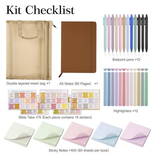 Bible Study Supplies,Bible Journaling Kit,Bible Study Kit with Journal,12 No Bleed Highlighters,12 Gel Pens,75 Tabs, 400 Sticky Notes,Christian Gifts for Women Men (Brown) - color: Brown
