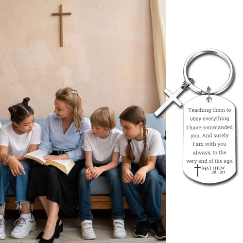 GiftYou Inspirational Scripture Metal Key Chains with Cross Pendant - Bible Verse Keychain Religious Gift for Christian - color: Matthew 28:20