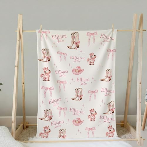 Personalized Personalized Western Pink Boots & Bows Baby Blanket, Cowboy Hat Boots Rope Pattern Design, Custom Name Toddler Kids Throw, Ranch Nursery Decor, Baby Gift Idea - color: Western Pink Boots & Bows Baby Blanket