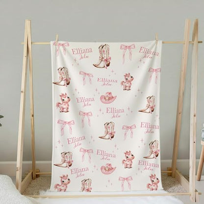 Personalized Personalized Western Pink Boots & Bows Baby Blanket, Cowboy Hat Boots Rope Pattern Design, Custom Name Toddler Kids Throw, Ranch Nursery Decor, Baby Gift Idea - color: Western Pink Boots & Bows Baby Blanket