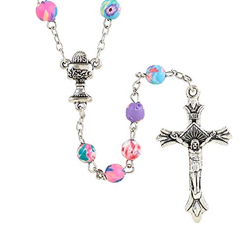 Needzo Colorful Flower Prayer Bead First Communion Rosary, 19 Inch