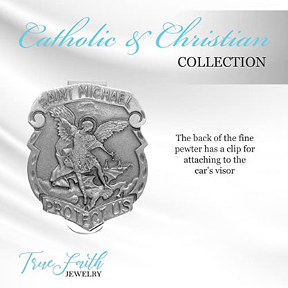 True Faith Jewelry Pewter Shield St Michael Car Visor Clip, Archangel Patron Saint Gifts for Men and Women, Fine Pewter (92% Tin), 1-3/8 x 1-1/2 Inch - size: St. Michael (Shield) 1