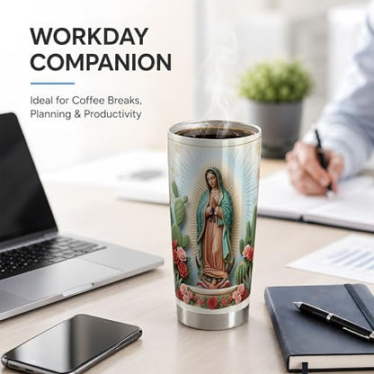 Virgin Mary Desert Halo 20oz Tumbler, Marian Devotion Tumbler, Daily Coffee Cup, Teal Cloak With Cactus And Roses, Golden Rays, Catholic Prayer Art, Faithful Catholic Women And Men - color: Virgin Mary 5