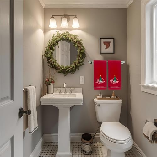 Christmas Red Guest Hand Bathroom Towels, Elegant Believe XMas Tree, 16x26" - color: Red