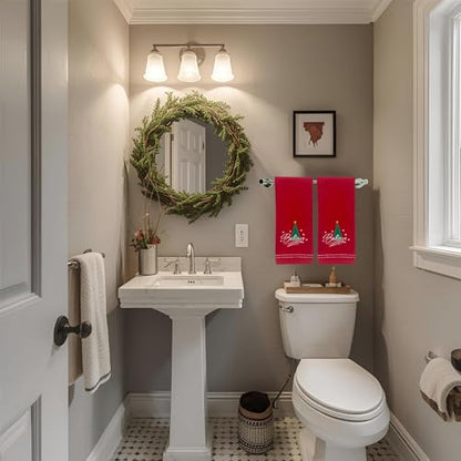 Christmas Red Guest Hand Bathroom Towels, Elegant Believe XMas Tree, 16x26" - color: Red