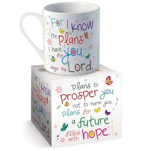 Christian Coffee Mug with Gift Box, 12 oz Ceramic, with Bible Verse - color: White / Plans
