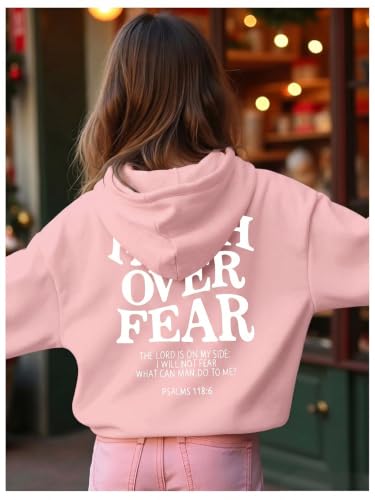BANGELY Faith Over Fear Hoodie Girl's Christian Sweatshirt Long Sleeve Tops - color: Pink, size: 9-10 Years