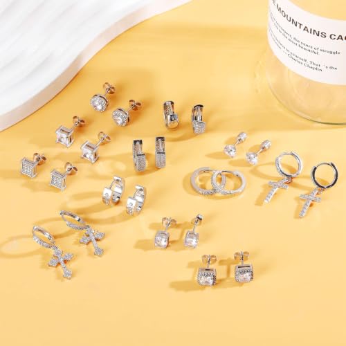 NEWITIN 12 Pairs Silver Earrings for Men Women Halo Stud Earring Set - color: Silver A