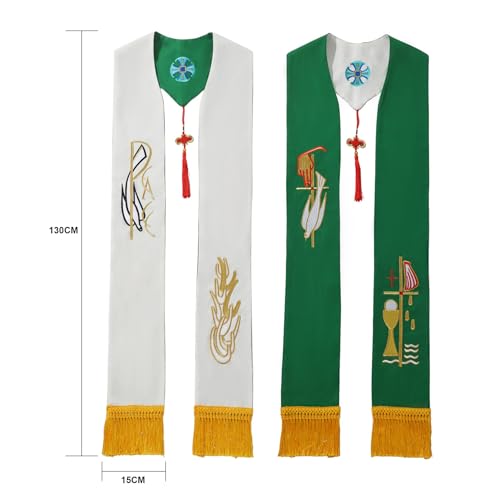 BLESSUME Priest Reversible Stole Embroidered Clergy Stole with Tassels Church Minister Pastor Wedding Shawls - color: White and Green