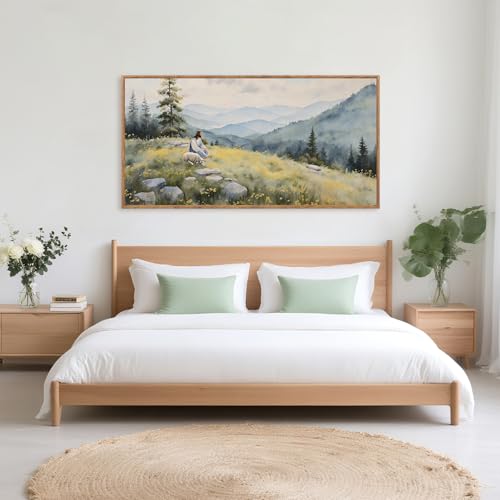 Aurlan Jesus Lost Sheep Psalm 23 Framed Canvas Wall Art 40x20 Inch - color: Jesus Lamb Landscape, size: 40"L x 20"W
