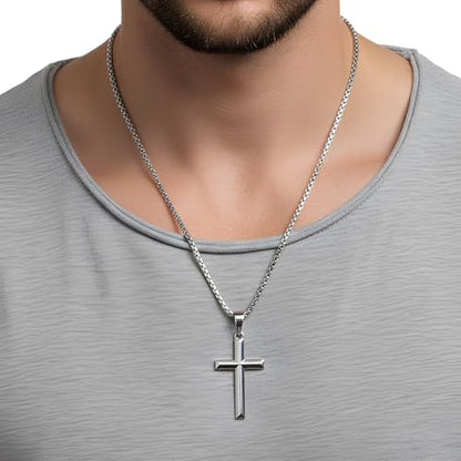 Fiusem Beveled Edge Cross Necklace for Men - size: 24 inches, style: Silver cross: 1.4"*0.8"
