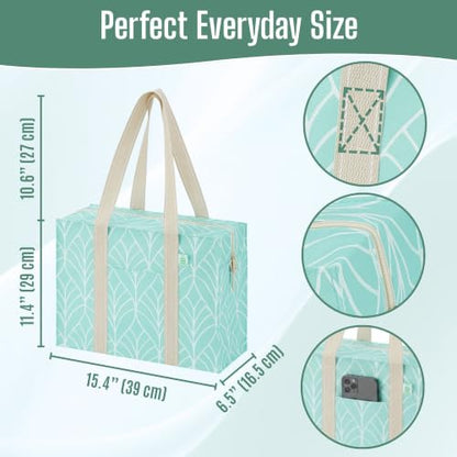 VENO 2 Pack Utility Tote Reusable Grocery Bags with Zipper & Hard Bottom - color: Evergreen, size: 2 Pack