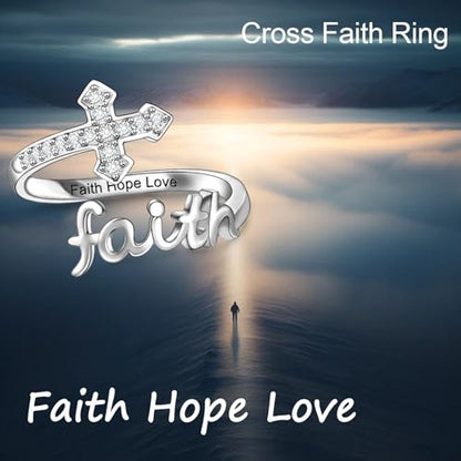 Helonley Cross Faith Ring for Women - 925 Sterling Silver Inspiration Rings - style: Faith Hope Love
