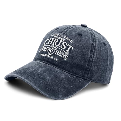 Fkatuzi Christian Hats for Men Women Jesus Faith Religious God Hat Vintage Cotton Embroidered Acid Wash Baseball Caps - color: Navy Blue