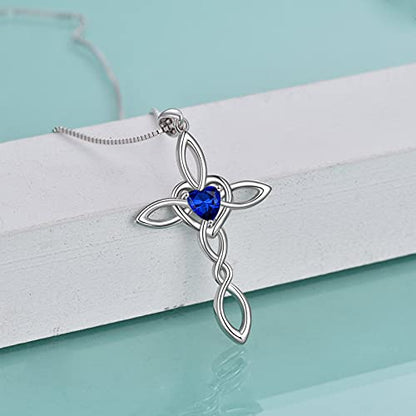 Celtic Knot Cross Pendant Necklace Sterling Silver Religious Irish Infinity Love Heart Irish Celtics Necklace Jewelry Mothers Day Birthday Gifts for Women Girls - color: Silver September cross necklace