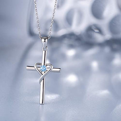 AmorAime 925 Sterling Silver Cross Necklace for Women Men 14K Gold Plated 5A CZ Birthstone Necklaces for Holiday - color: L.Blue-December-Blue Topaz
