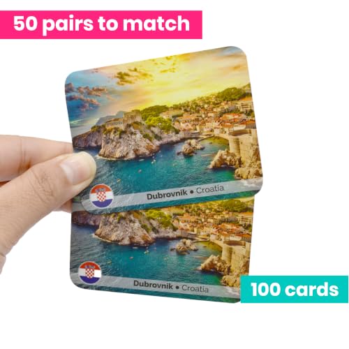 Menique Explore the World Memory Matching Game – Geography Game with 100 Photo Cards, 50 Countries, Flags & Landmarks – Travel Card Game with Educational Booklet, Ages 3+ - style: Explore the World