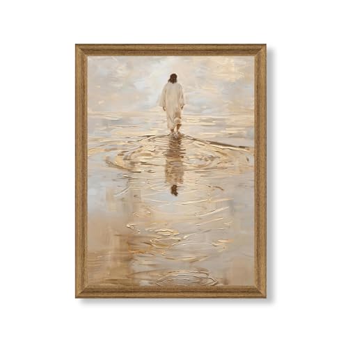 Fantasy Artists Christian Wall Art – Jesus Walking on Water Inspirational Painting, Warm Gold Faith Artwork for Home & Prayer Room, Religious Decor Symbolizing Hope, Trust & Divine Strength, 12W X 16H - color: Golden Jesus, size: 16"L x 12"W