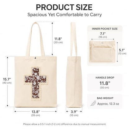 Christian Tote Bag Gift for Women, Canvas Bible Bag Handmade Floral Cross - color: Cream-brown Cream Blossom