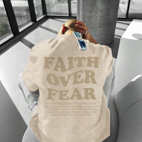 Christian Shirts for Men Faith Over Fear Oversized Tees - color: Apricot, size: 4X-Large