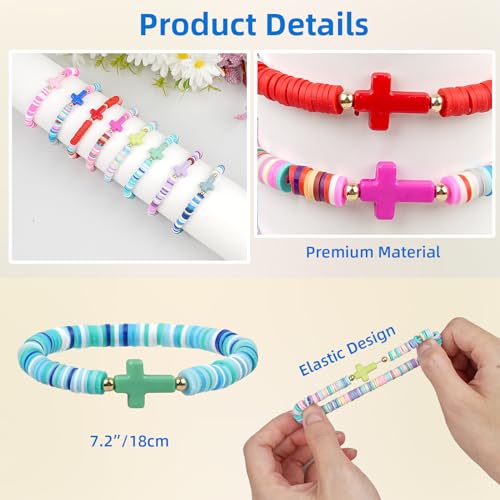 WOVTE 48 Pcs Jesus Bracelets Cross Christian Bracelet Pack, Handmade Elastic Colorful Polymer Clay Beaded Bracelets Inspirational Religious Reminder Jewelry for Woman