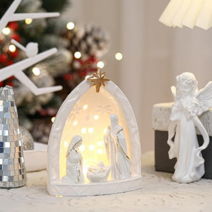 Cindeer Nativity Set for Christmas Indoor,Ceramic Nativity Scene with Light, Porcelain Statue Sculpted Hand Painted Figurine, Holy Family Manger Scene Tabletop Decor Gift(Classic) - style: Classic