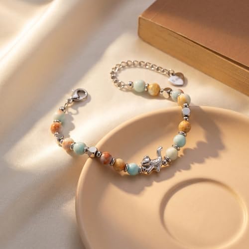 Bracelet for Women Natural Stone Beaded, Stainless Steel Charms, Adjustable - color: 15-Cat