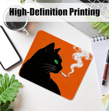 Funny Black Cat Mouse Pad for Desk, Black Cat Lover Gifts, Mid Century Modern Kitty Mousepads with Anti-Slip Rubber Base for Computer Laptop Home Office Desk Accessories, 9.5x7.9 Inch - color: Square mouse pad-Smoking Cat