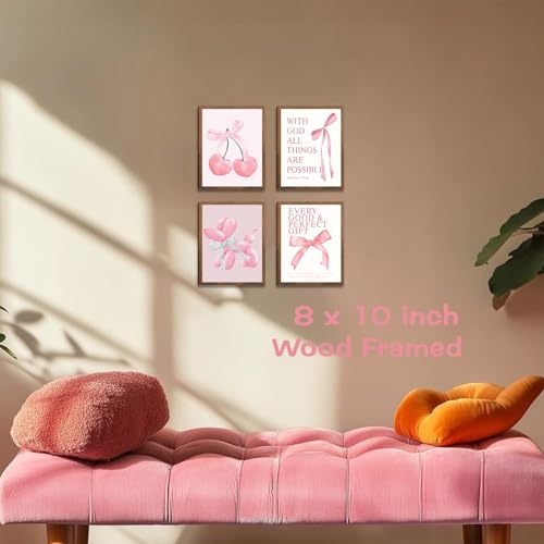 SEHSUVC Pink Bows Heart Cherry Canvas Wall Art, Wood Framed Cute Trendy Coquette Preppy Wall Decor, Girls Aesthetic Room Decor Gifts for Girls Dorm Bedroom Living Room Home Decor 8x10inch - color: Pink Bow Cherry - 7