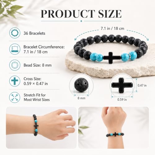 36Pcs Cross Beaded Bracelets, 8mm Natural Stone Bracelet Christian Gifts