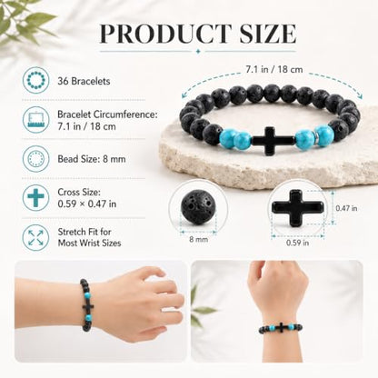 36Pcs Cross Beaded Bracelets, 8mm Natural Stone Bracelet Christian Gifts