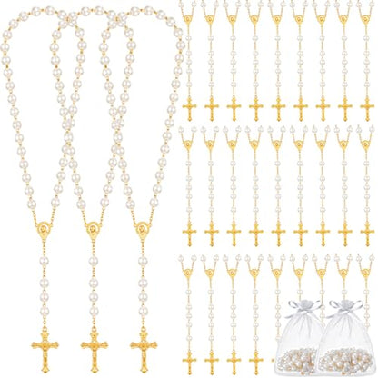 ROCEEI 24 Set Catholic Rosary Bead Bulk 8mm Glass Pearl Beads - color: Gold