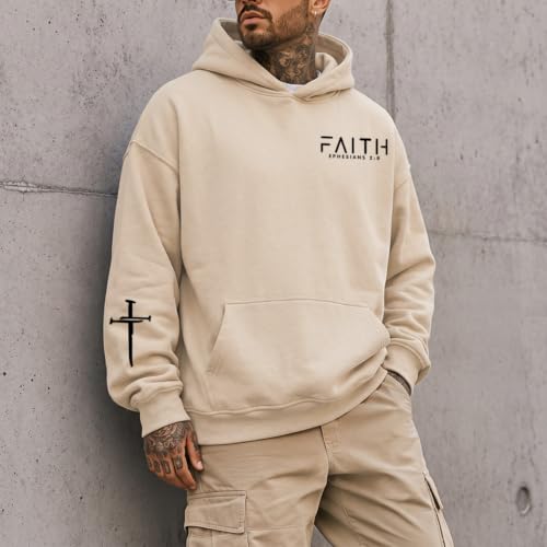 Christian Hoodies for Men Faith Cross Graphic Hoodie Jesus Fleece Sweatshirts Bible Verse Religious Pullover Tops - color: Apricot, size: Medium