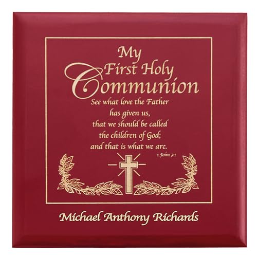 Let's Make Memories Personalized Communion Keepsake Box - Scripture - Sacrament - Religious Keepsake - First Communion - Natural Wood - Cherry Finish - Inspirational Verse - 6.75”Lx6.75”W - style: Scripture - Communion