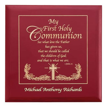 Let's Make Memories Personalized Communion Keepsake Box - Scripture - Sacrament - Religious Keepsake - First Communion - Natural Wood - Cherry Finish - Inspirational Verse - 6.75”Lx6.75”W - style: Scripture - Communion