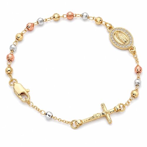 Gold Rosary Bracelet for Women Virgin Mary Jesus Cross Charm Link Chain Golden Religious Rosarios Catolicos Virgen de Guadalupe Bracelets Religious Jewelry Gift for Confirmation Baptism First Communion Gift - color: GoldPink
